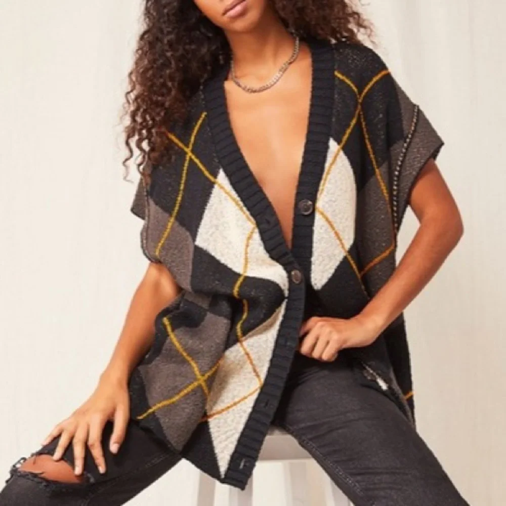 Free People Argyle Swing Chunky Knit Cardigan Dress, Medium - Picture 7 of 16